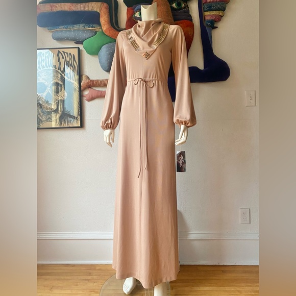 1970’s LEE JORDAN DRESS Studded Studs Rhinestones NEUTRAL Vintage Tags Nude Knit - Picture 3 of 11